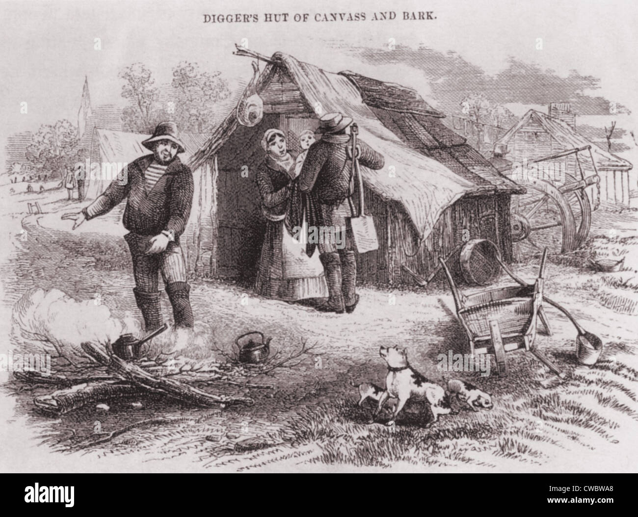 Goldgräber-Hütte aus Leinwand und Rinde in den australischen Goldfeldern in den 1850er Jahren.   Die australische Bevölkerung der 437.655 verdoppelt Stockfoto