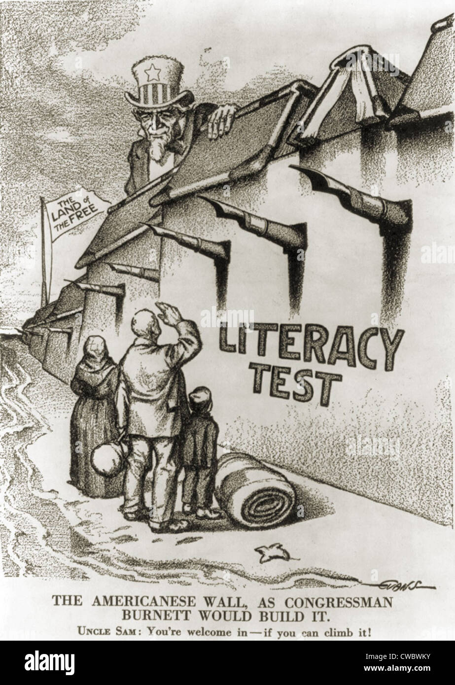 1916 politische Karikatur mit dem Titel THE AMERICANESE WALL - AS KONGRESSABGEORDNETE BURNETT würde BUILD IT. In den 1910er Jahren, anti-immigrant Stockfoto