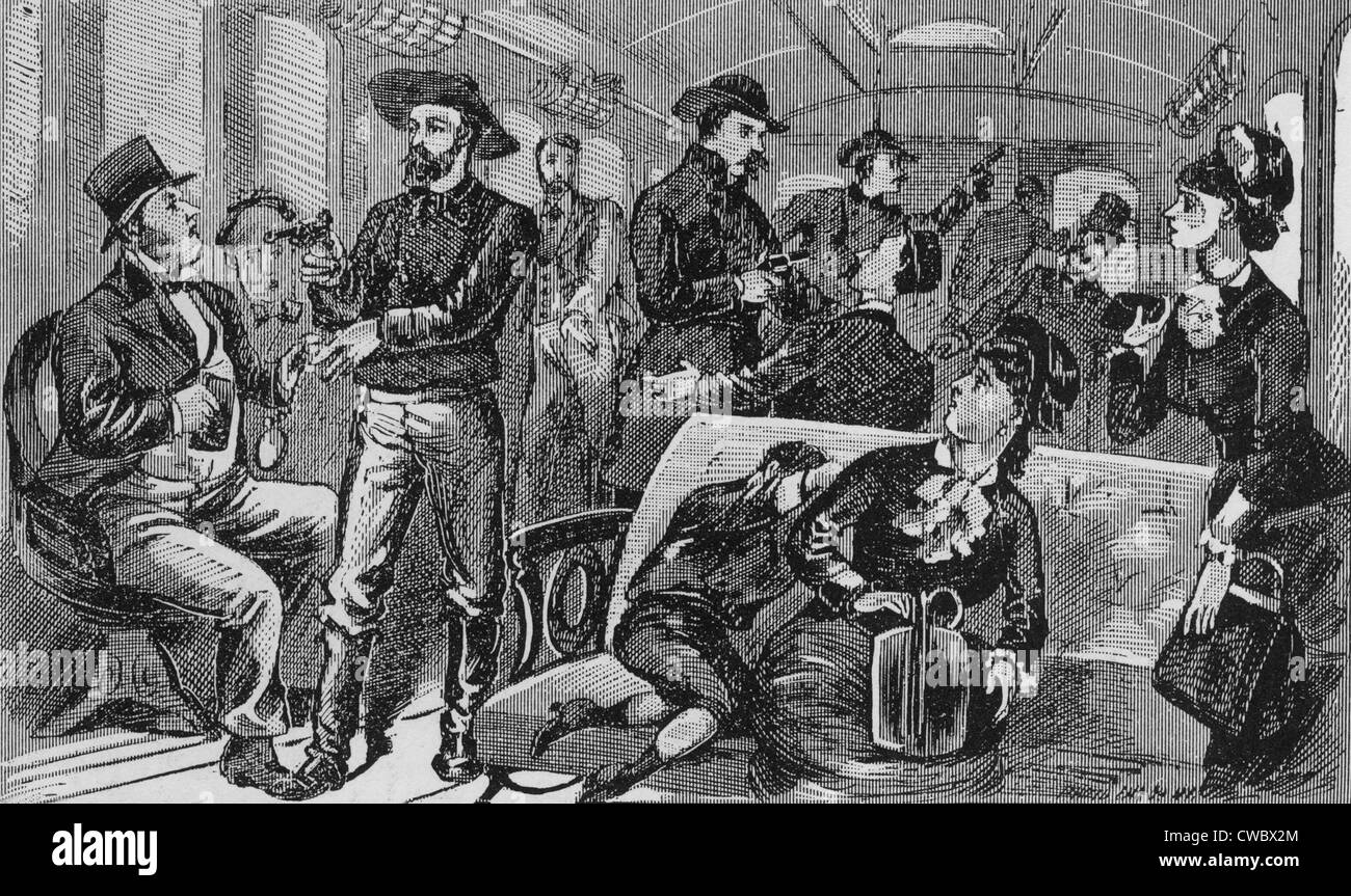Die James Brothers Überfall auf einen Zug von Missouri. 1870. Stockfoto