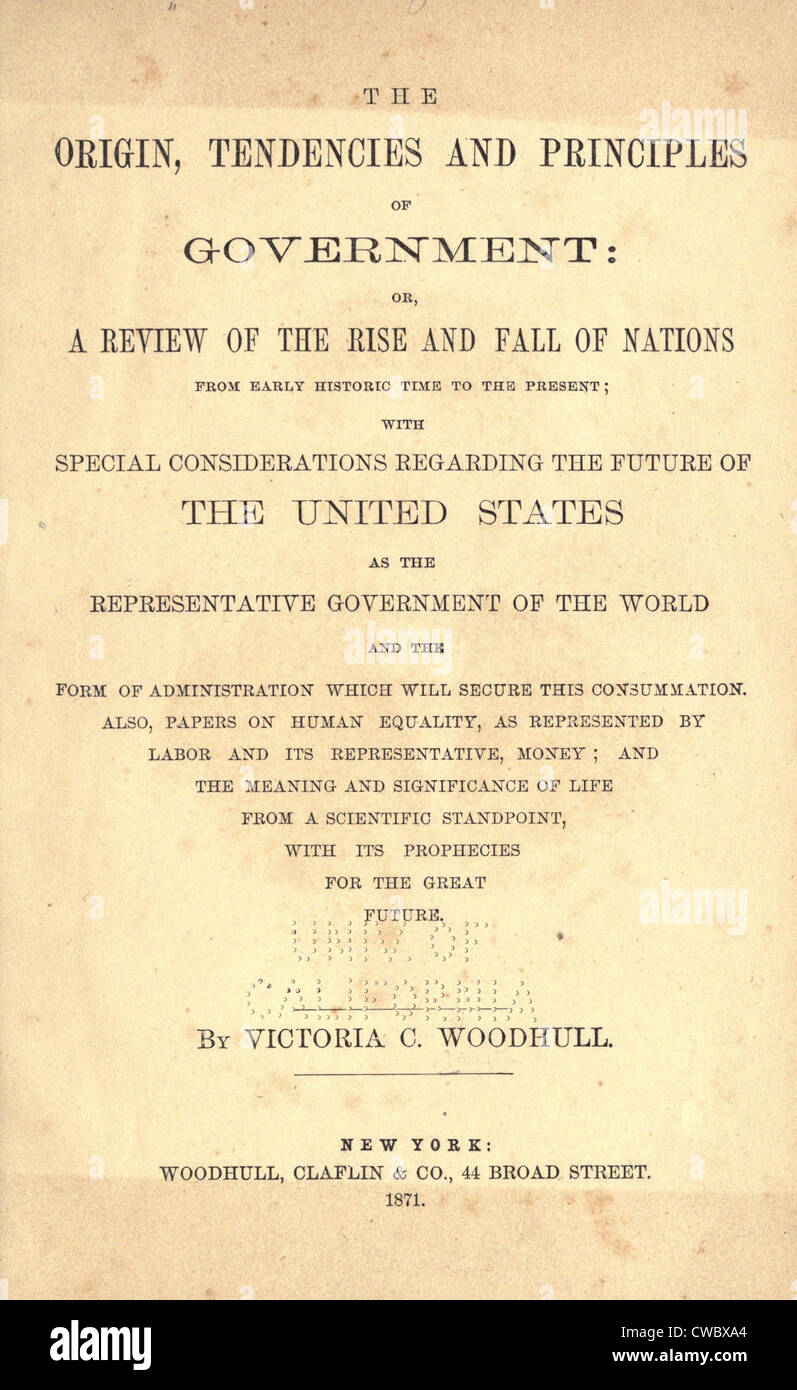 Titelblatt des Victoria Woodhulls 1871 Polemik, THE ORIGIN, Tendenzen und Prinzipien der Regierung. Stockfoto