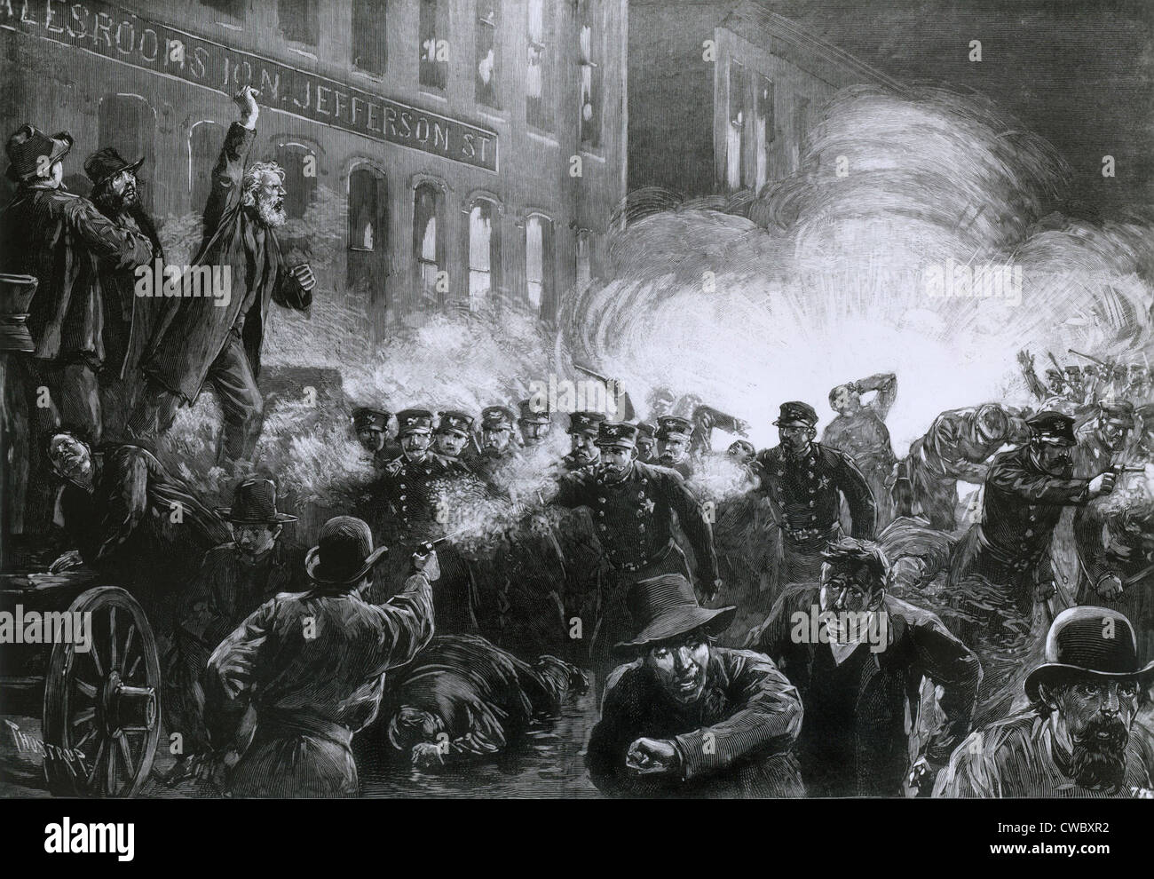 Der Haymarket Riot, 4. Mai 1886, Chicago. Beginnend als ein Streik-Kundgebung, warf ein unbekannter eine Dynamite-Bombe, die getötet Stockfoto