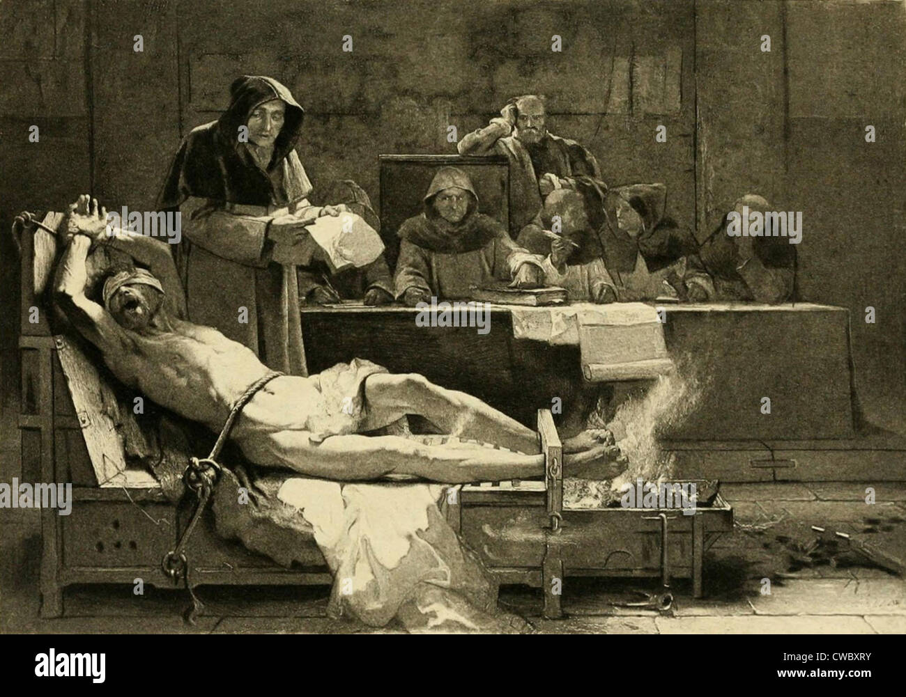 Opfer der spanischen Inquisition gefoltert vor ein Tribunal der spanischen Inquisition. Die Inquisition wurde gegründet Stockfoto Opfer der spanischen Inquisition gefoltert vor ein Tribunal der spanischen Inquisition. Die Inquisition wurde gegründet Stockfoto