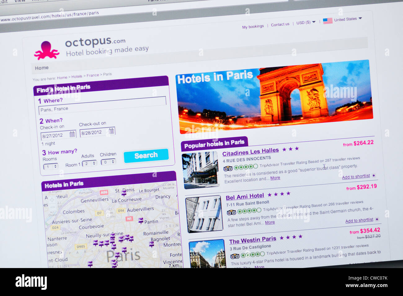 Octopus Travel Webseite - Paris Hotels suchen Stockfoto