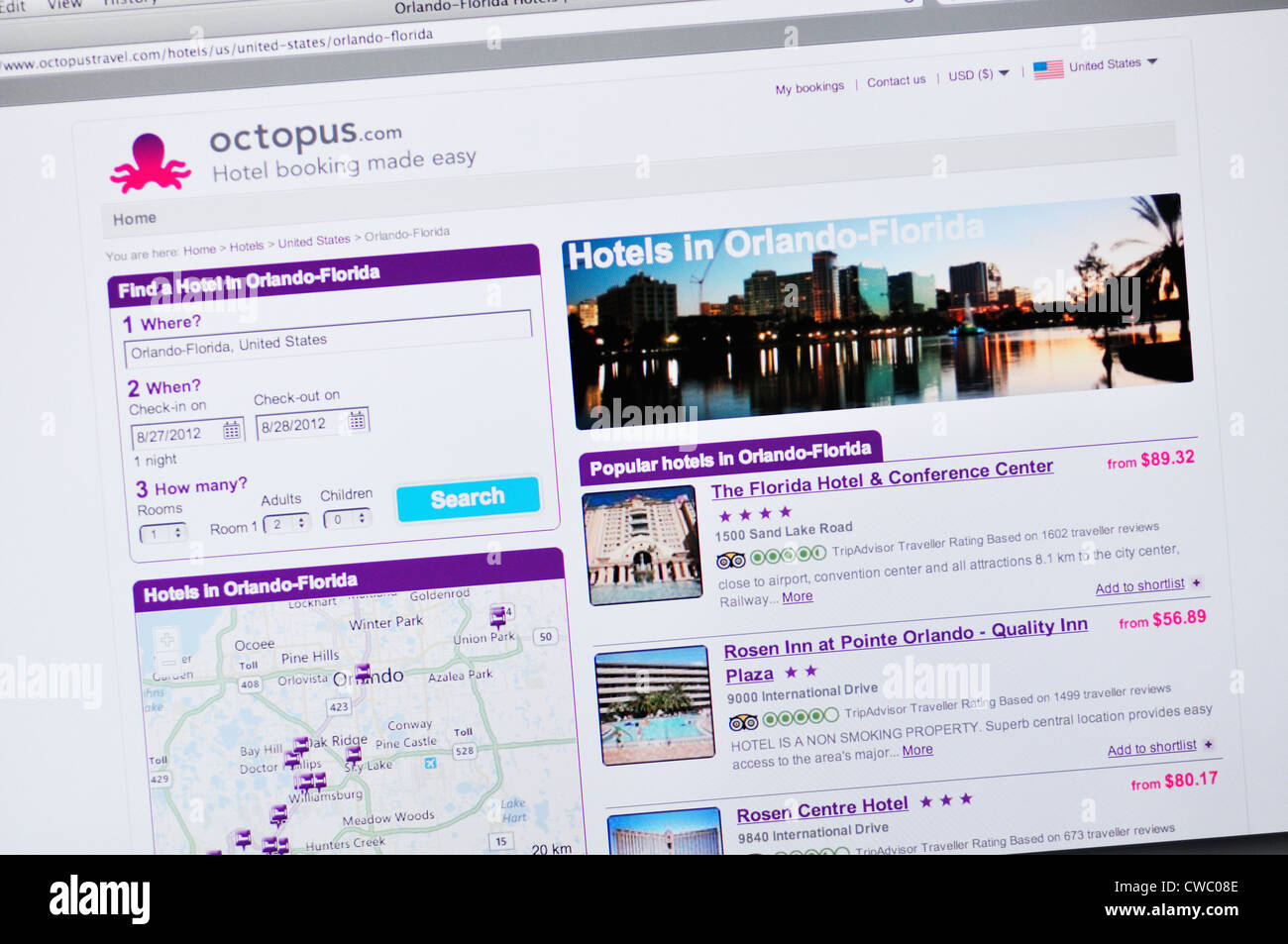 Octopus Travel Webseite - Orlando Hotels suchen Stockfoto