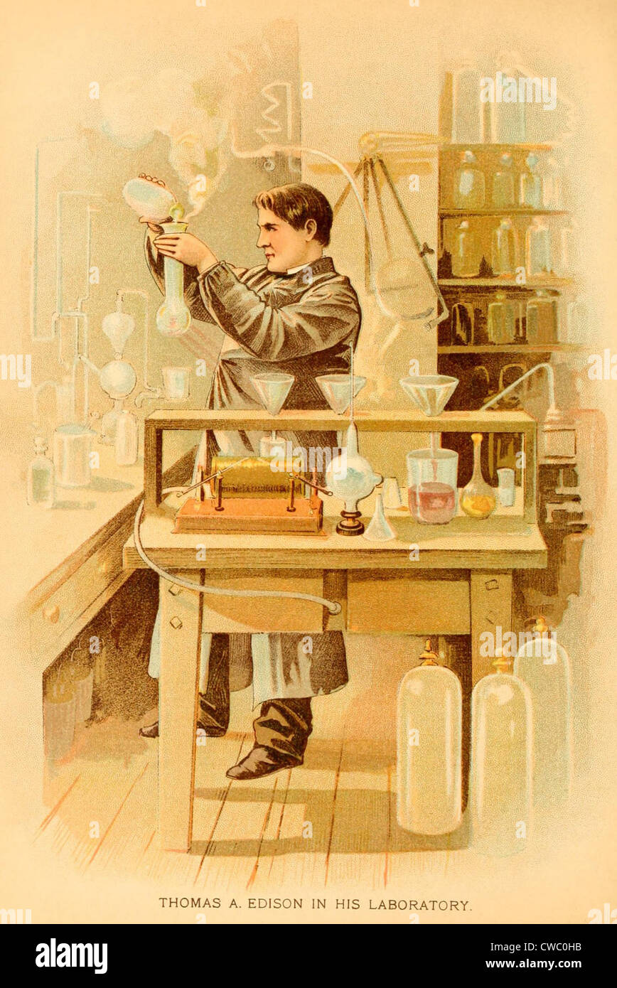 Edison (1847-1931), in seinem Forschungslabor Menlo Park, New Jersey. Ca. 1880 Stockfoto