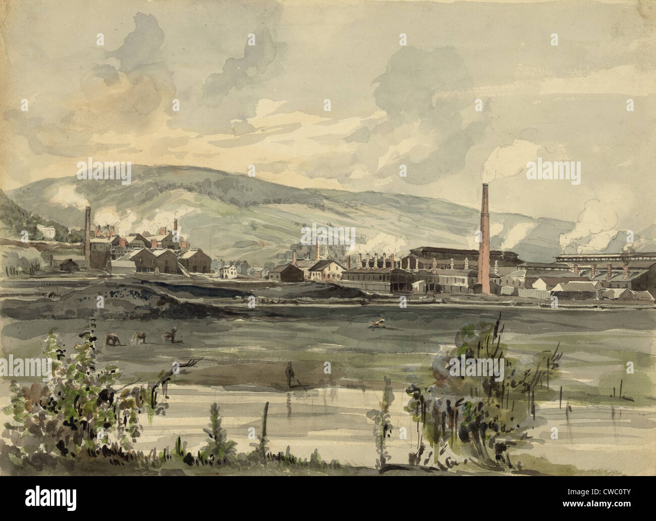 Fabrik an einem Fluss in Pennsylvania. 1857-Aquarell von James Fuller Königin. Stockfoto