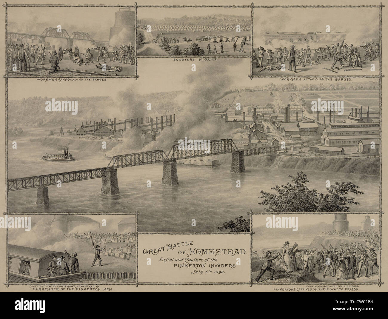Große Schlacht der Homestead, die Niederlage und der Gefangennahme der Pinkerton Invasoren. Festschrift druckt mit sechs Szenen aus der Stockfoto