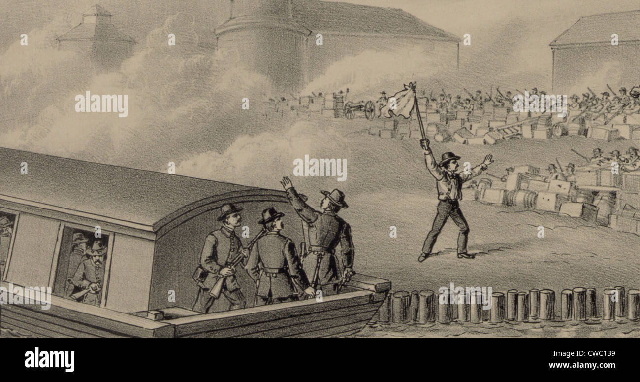 Große Schlacht von Homestead, Pinkerton Wachen Hingabe an die Streikenden nach einem 12-Stunden-Kampf geführt, die in mehreren Stockfoto