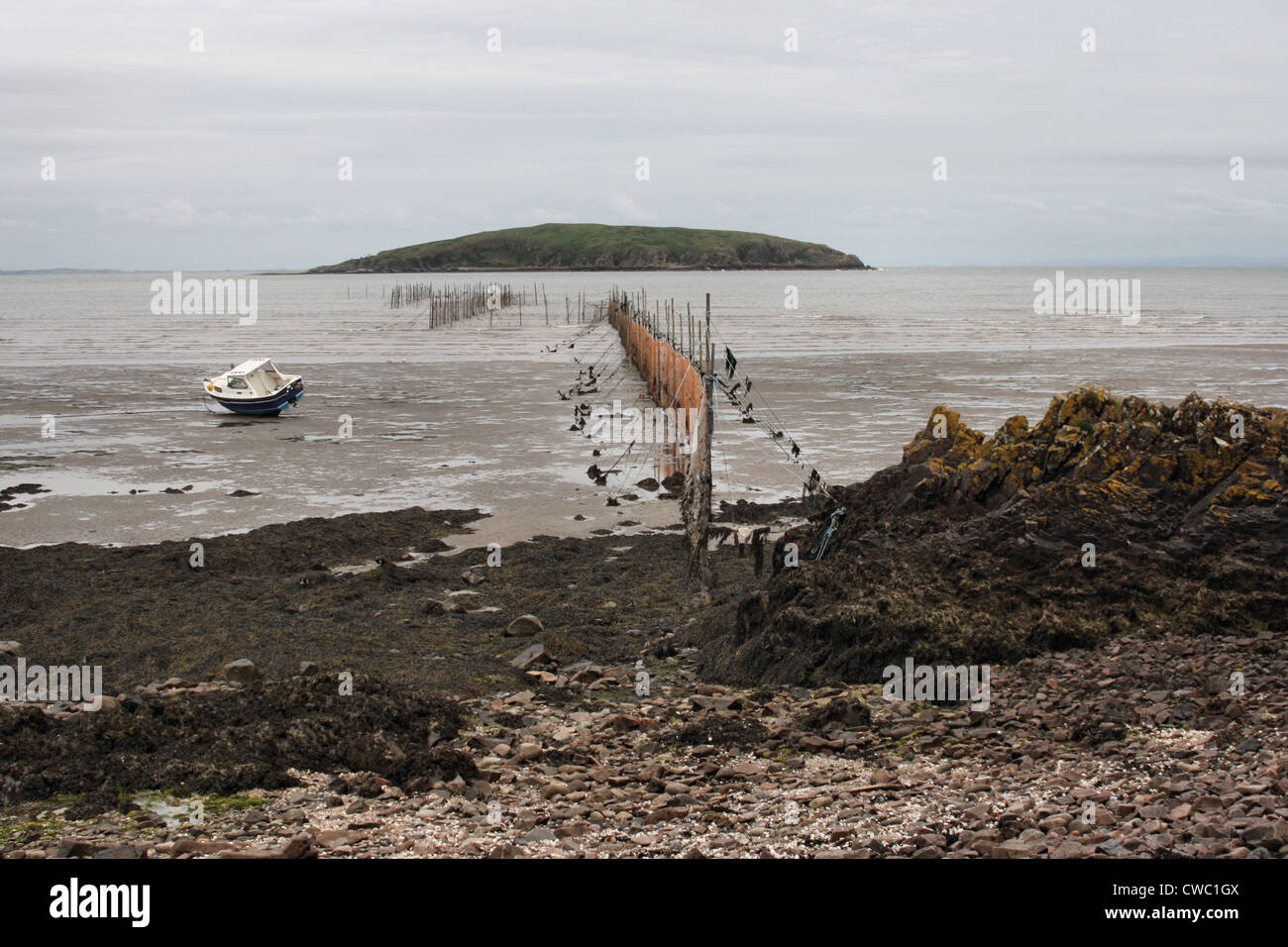 Boot, Fischernetze und Hestan Insel in der Auchencairn Bucht Stockfoto