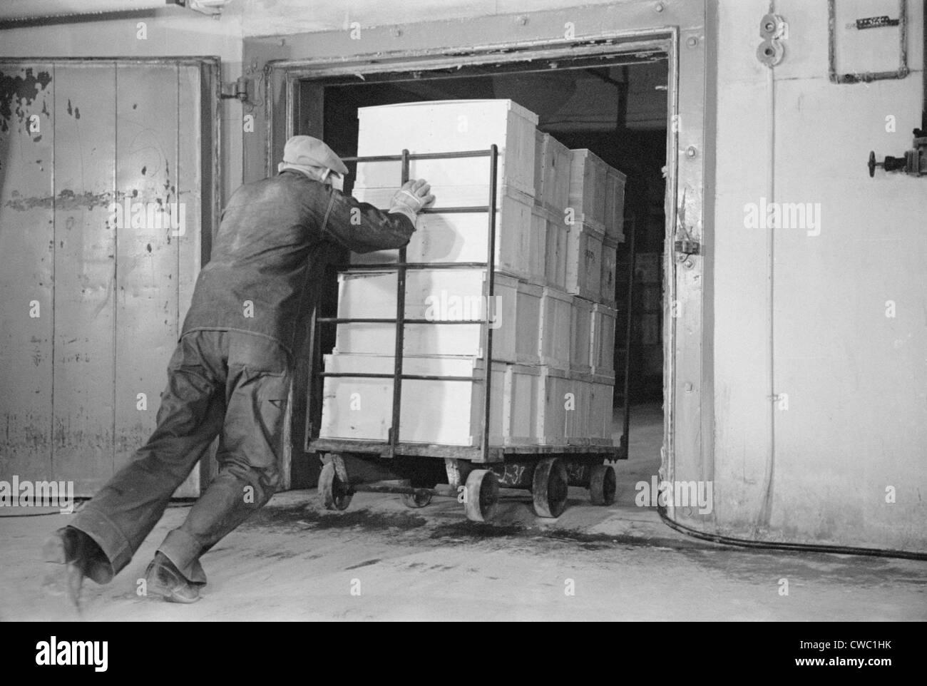 Arbeiter schiebt einen schweren Wagen von verpackten Eiern in ein Kühllager, Jersey City, New Jersey im April 1939. Stockfoto