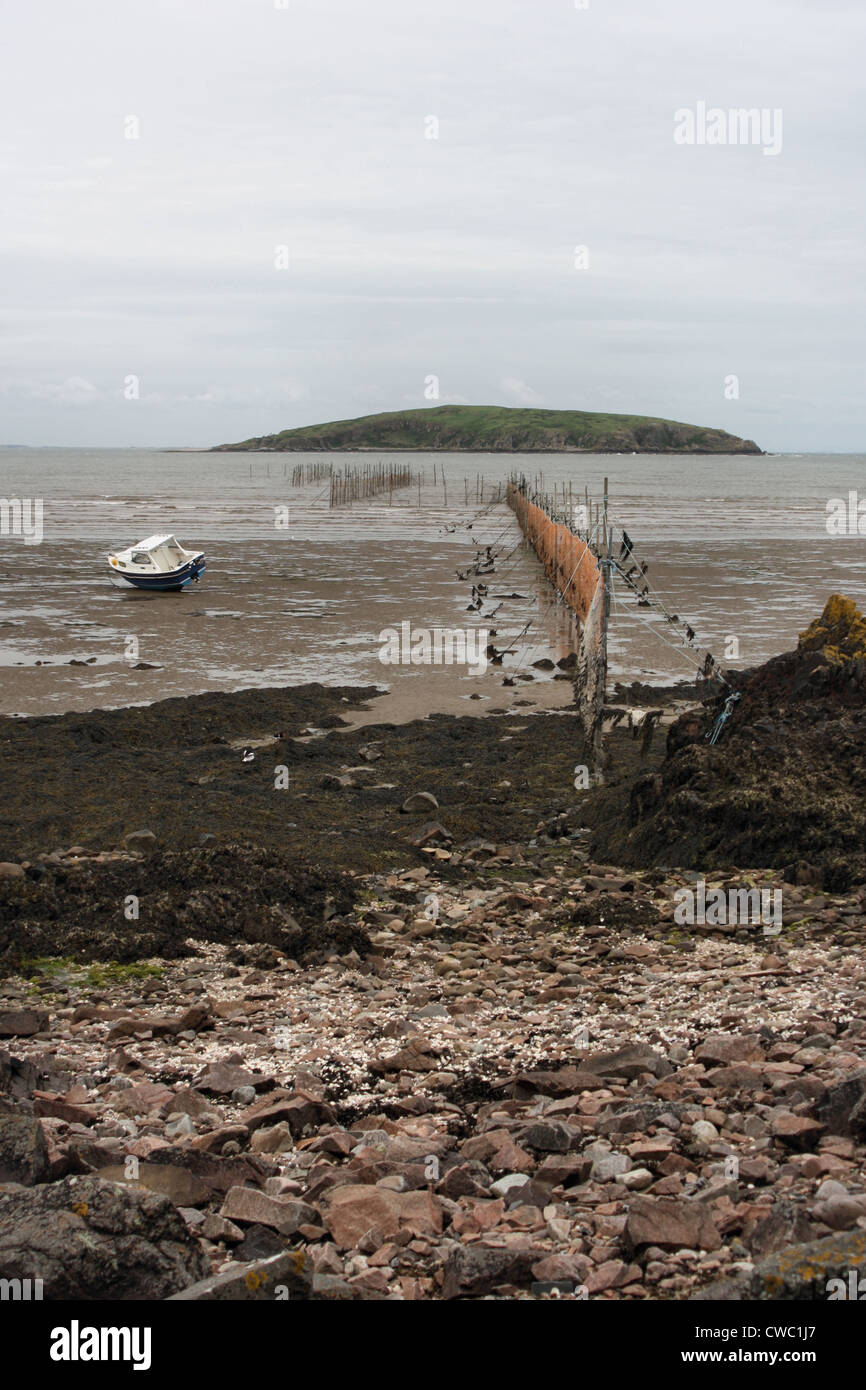 Angeln, Boot, Netze und Hestan Insel in der Auchencairn Bucht bei Ebbe Stockfoto