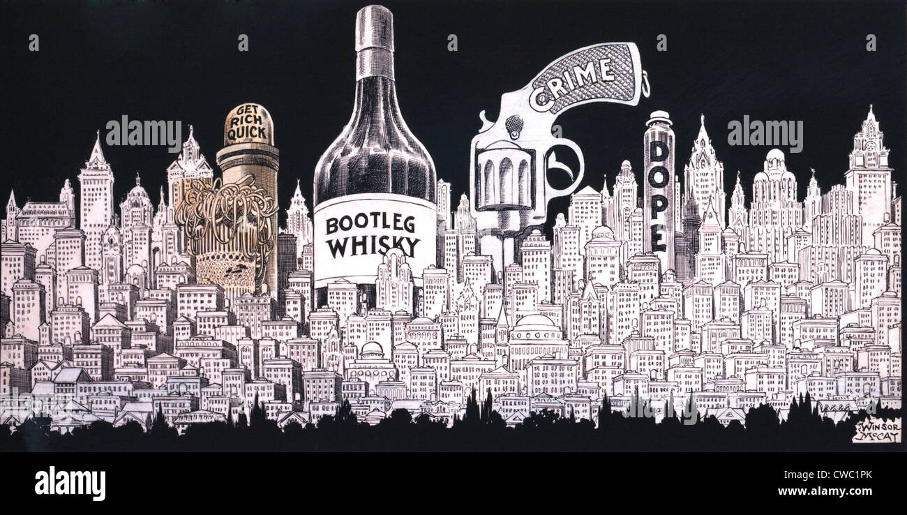 Winsor MaCay 1920 Cartoon zeigt eine Stadtbild der Bootleg Whisky Kriminalität Schmiere und Get Rich Quick Geld Lust. Stockfoto