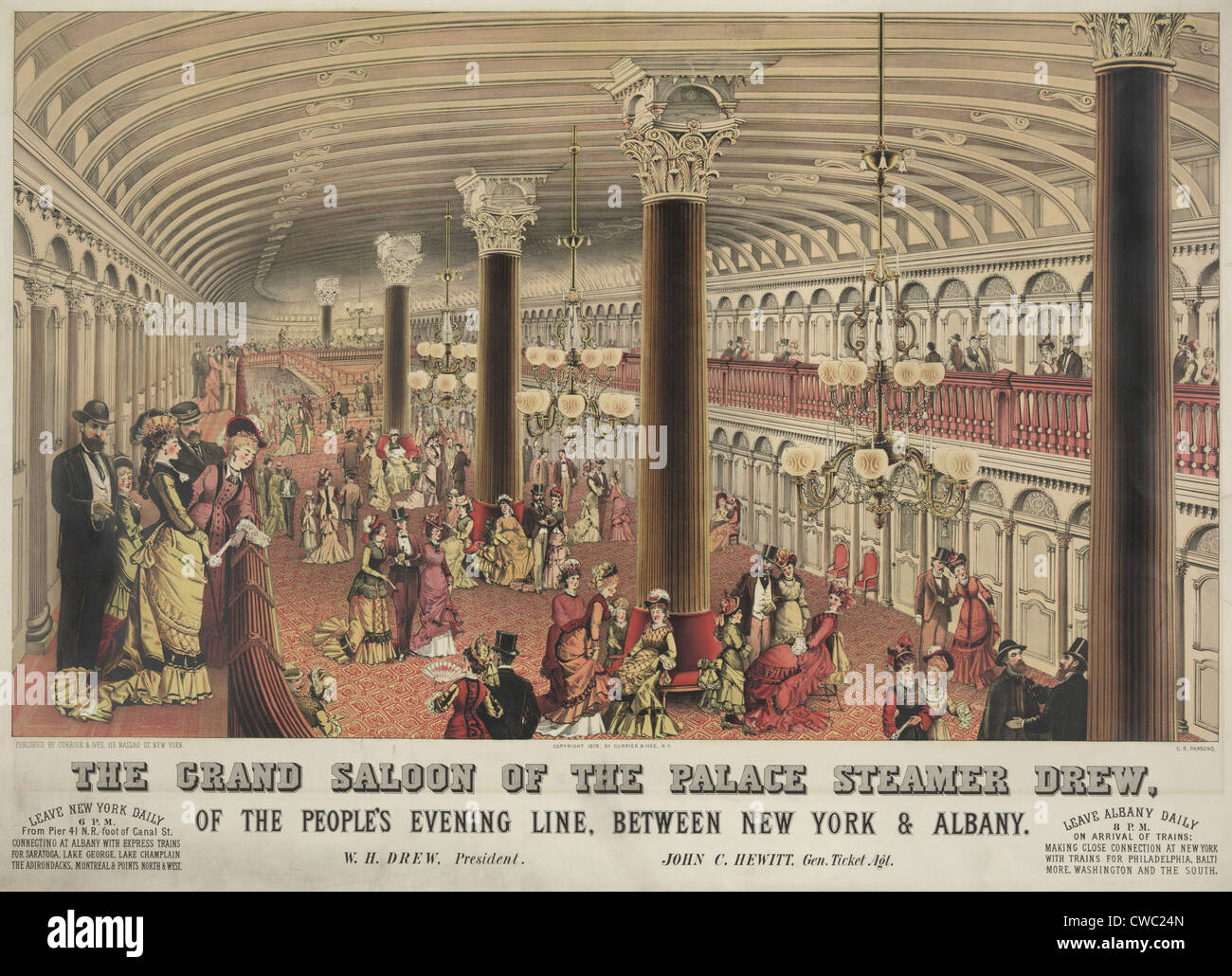 Der grand Salon, der das Dampfschiff CREW ein Dampfschiff, die entlang der Hudson River von New York nach Albany reiste. 1878. Stockfoto