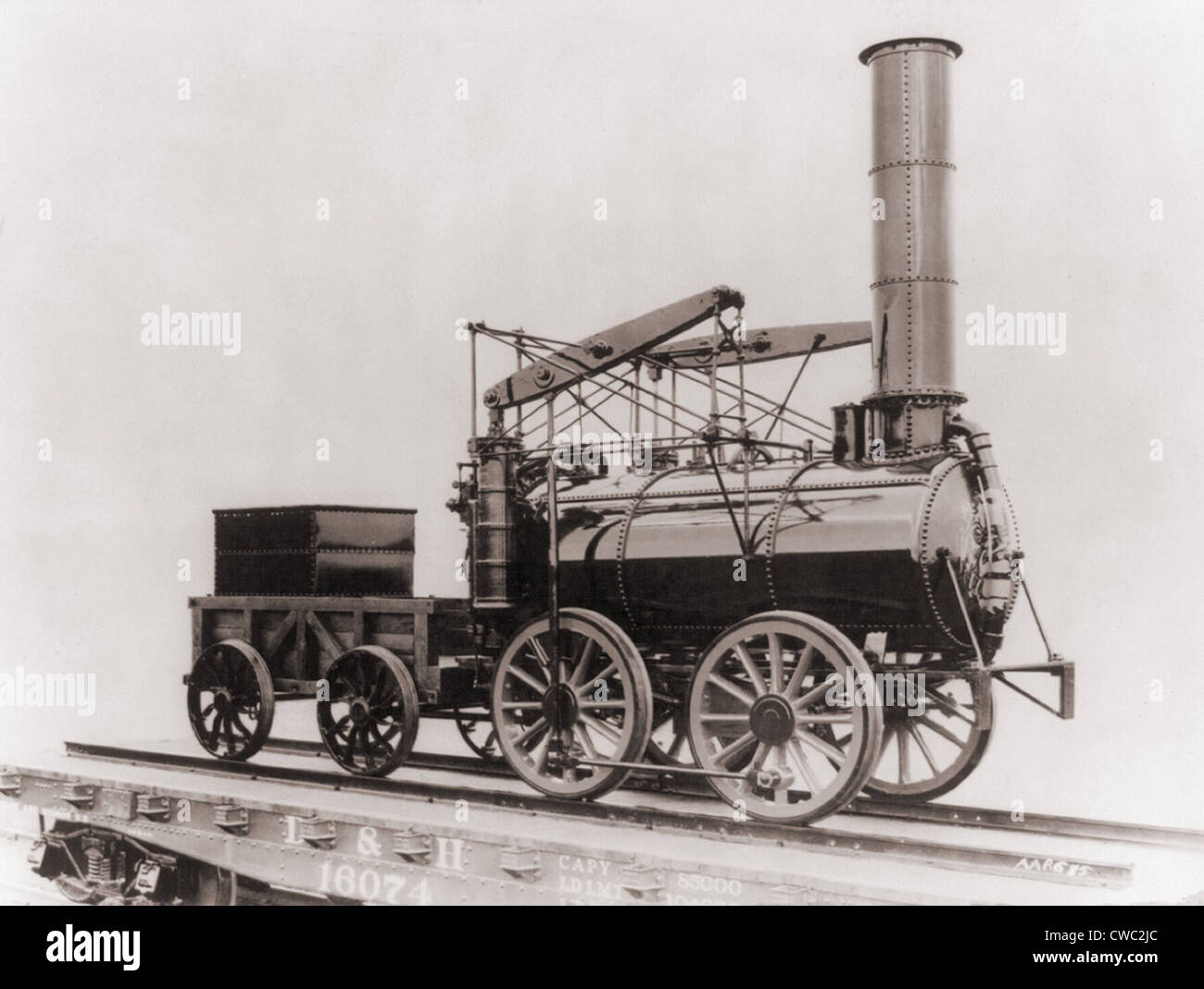 Modell des George Stephensons erfolgreichen 1829 Lokomotive der Rakete. Die technisch fortschrittlichsten seiner Zeit machte es mehr Stockfoto