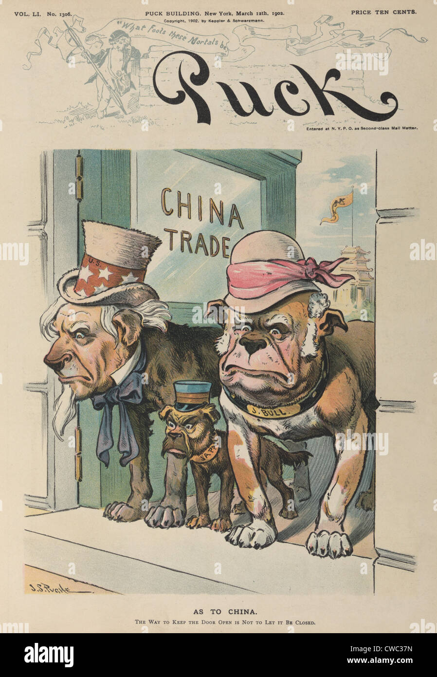 WIE IN CHINA. Karikatur zeigt Uncle Sam John Bull und Japan als Hunde bewachen eine offene Tür "China Handel". Europäischen Mächte Stockfoto