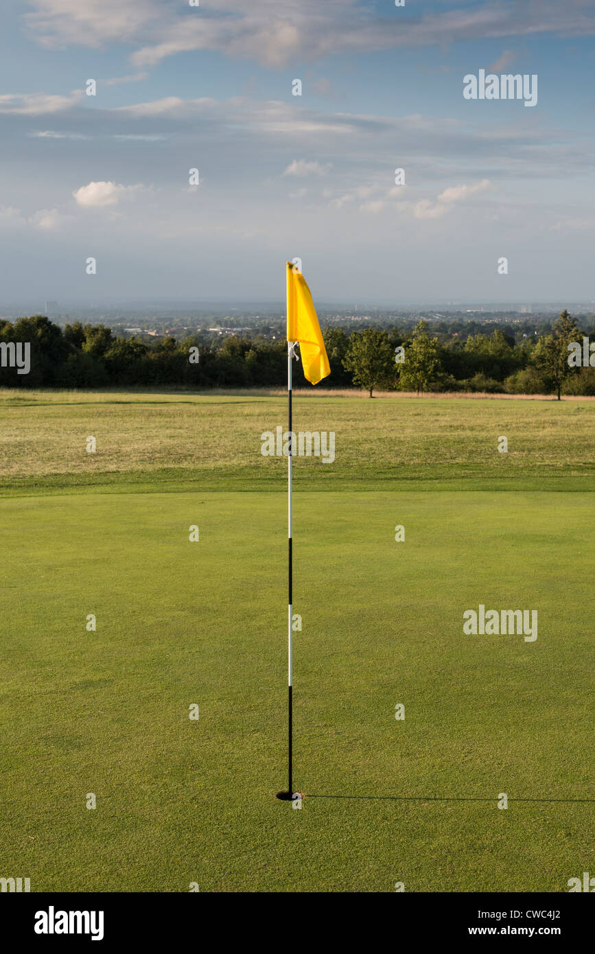Gelbe Flaggenstock, Epsom Downs Golf Course, Surrey, UK Stockfoto