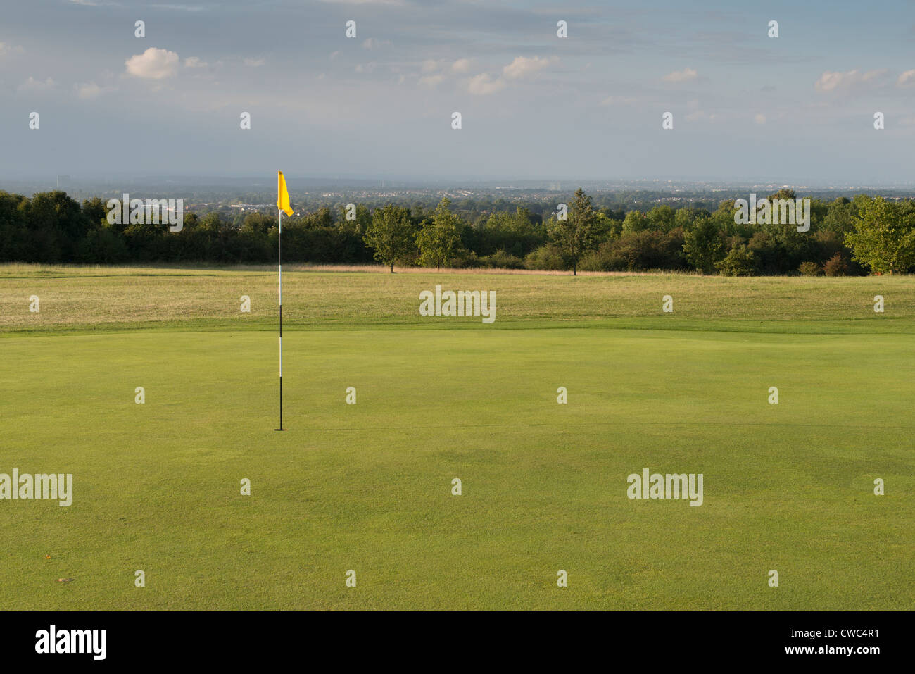 Gelbe Flaggenstock, Epsom Downs Golf Course, Surrey, UK Stockfoto