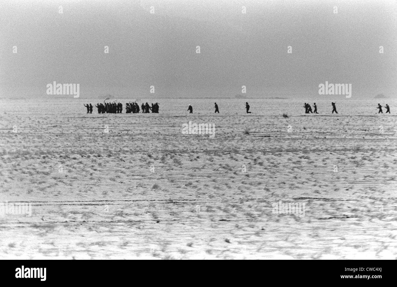 Irakische Soldaten ergeben die 1st Marine Division während des dritten Tages der Bodenkrieg der Operation Desert Storm. 26. Februar Stockfoto