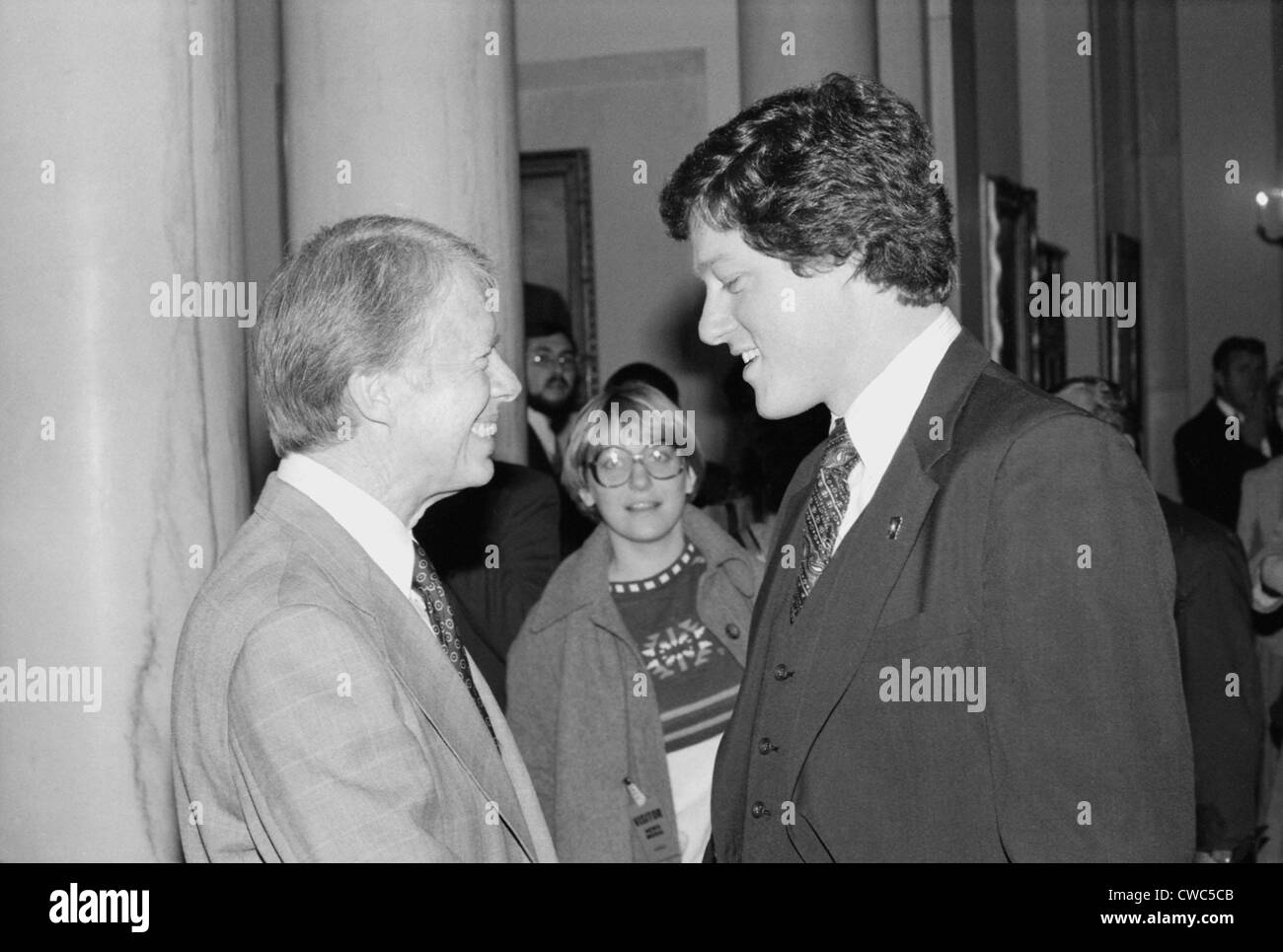 Präsident Jimmy Carter mit zukünftigen Präsidenten Bill Clinton. Während der Präsidentschaft Carter wurde Clinton Gouverneur von Arkansas gewählt. Stockfoto