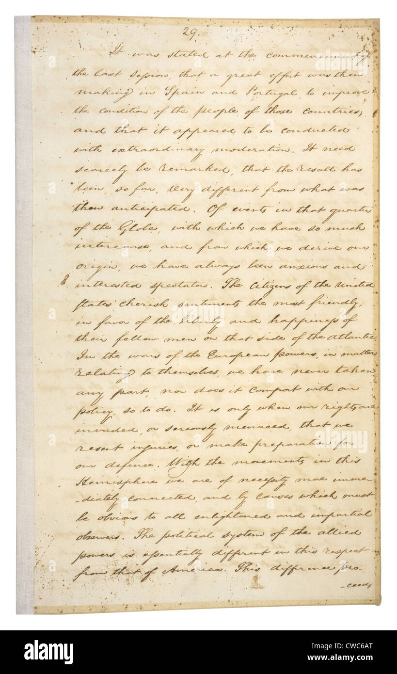 Die Monroe-Doktrin war am 2. Dezember 1823 in Präsident James Monroe siebte jährliche Botschaft an den Kongress. Es behauptet, die Stockfoto