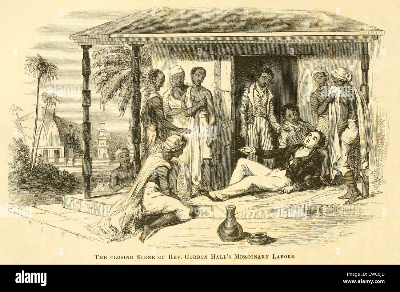 Den Tod des amerikanischen Missionar Reverend Gordon Hall 1784-1826 der Cholera nach ein paar Stunden Krankheit in Bombay Mumbai wo Stockfoto
