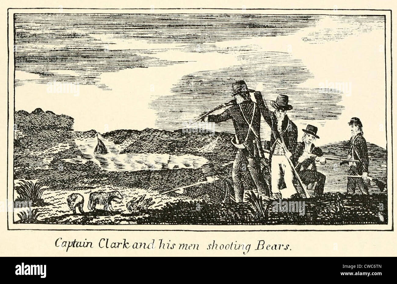 Illustration von Lewis und Clark Journal der Corps of Discovery von 1803-6. "Captain Clark und seine Männer Bären schießen." Stockfoto