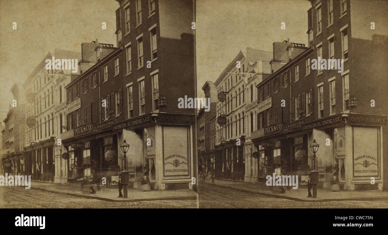 Philadelphia im Jahre 1870. Stereoskopische Ansicht der Chestnut Street unter 11th Street auf der Südseite. Geschäfte verkaufen Konsumgüter und Stockfoto