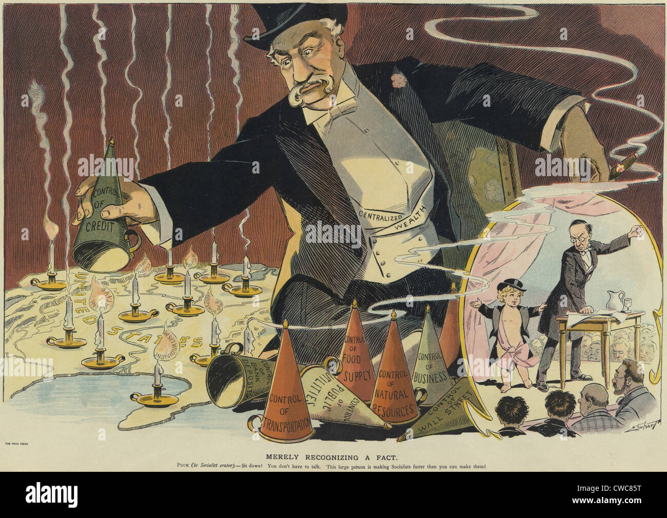 Cartoon Darstellung eines riesigen Geschäftsmannes sah aus wie J.P. Morgan und mit der Bezeichnung "zentrale Reichtum" Schnupfen, Kerzen Stockfoto