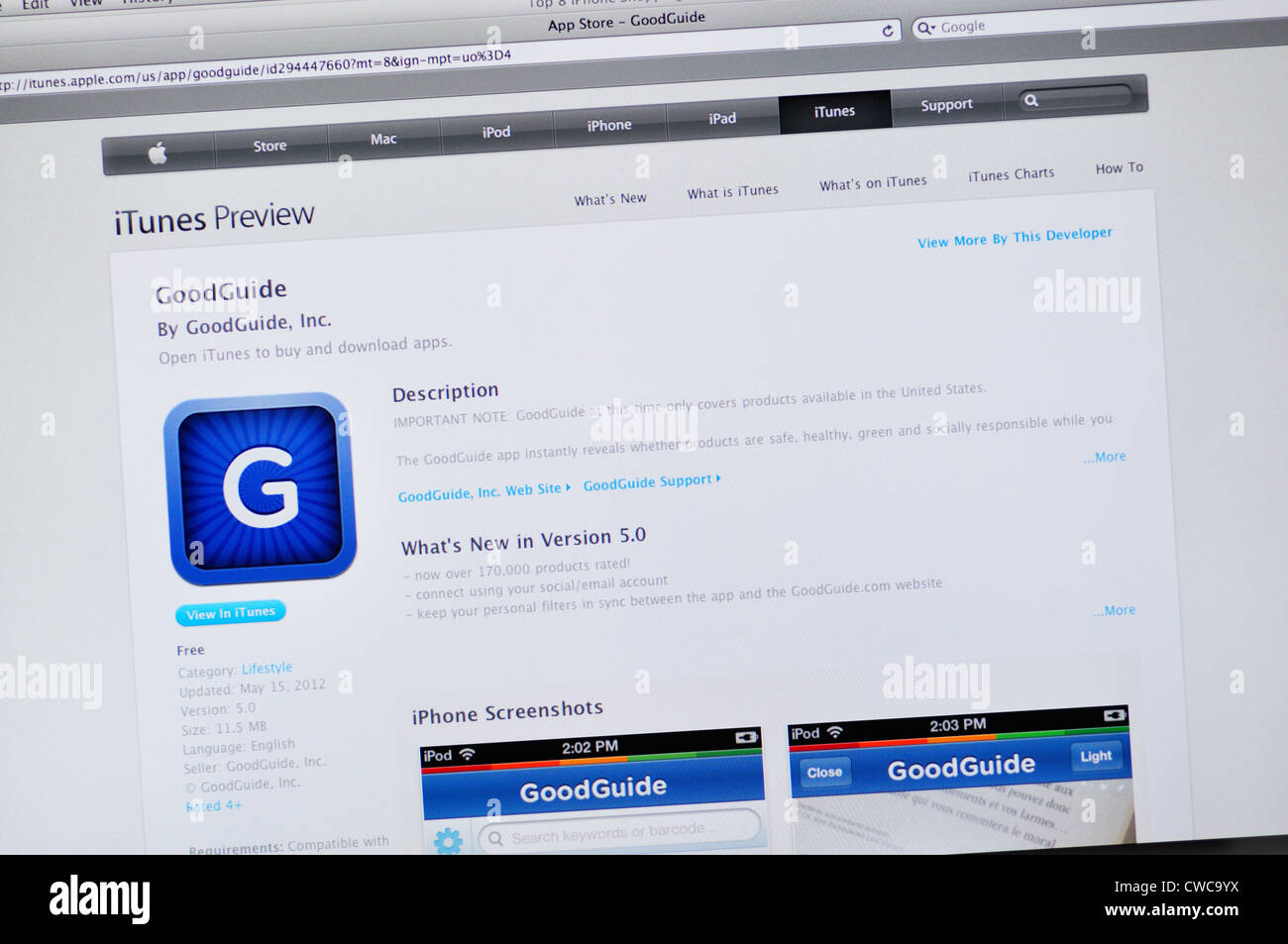 GoodGuide app Website - verrät sofort, ob Produkte sicher, gesund, grün und sozial verantwortlich sind Stockfoto