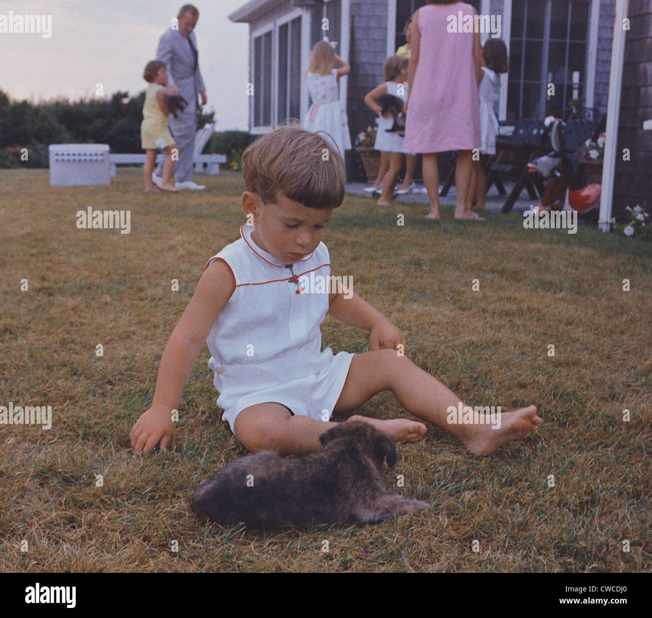 Präsident Kennedy zwei Jahre alten Sohn, John Jr. spielt mit einem Welpen. Hyannisport, Squaw Island, 3. August 1963. Stockfoto