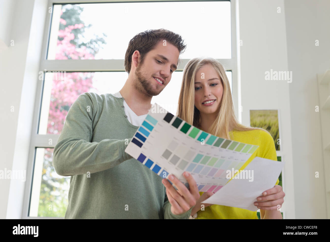 Paar eine Farbkarte Farbe für ihr Haus auswählen Stockfoto