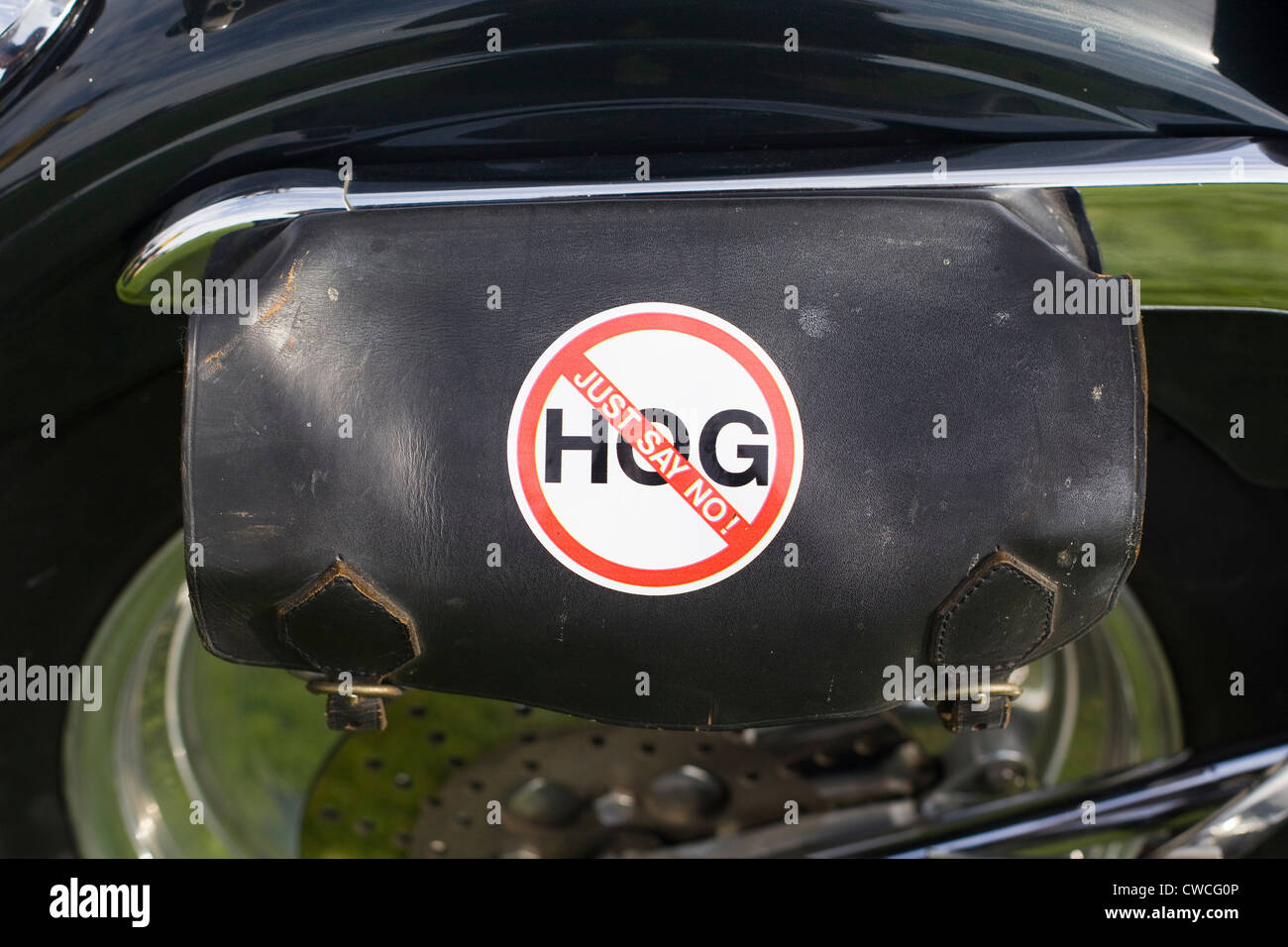 Sattel Tasche auf ein Harley Davidson Motorrad mit einem Aufkleber sagen Hog "Just say No" Stockfoto