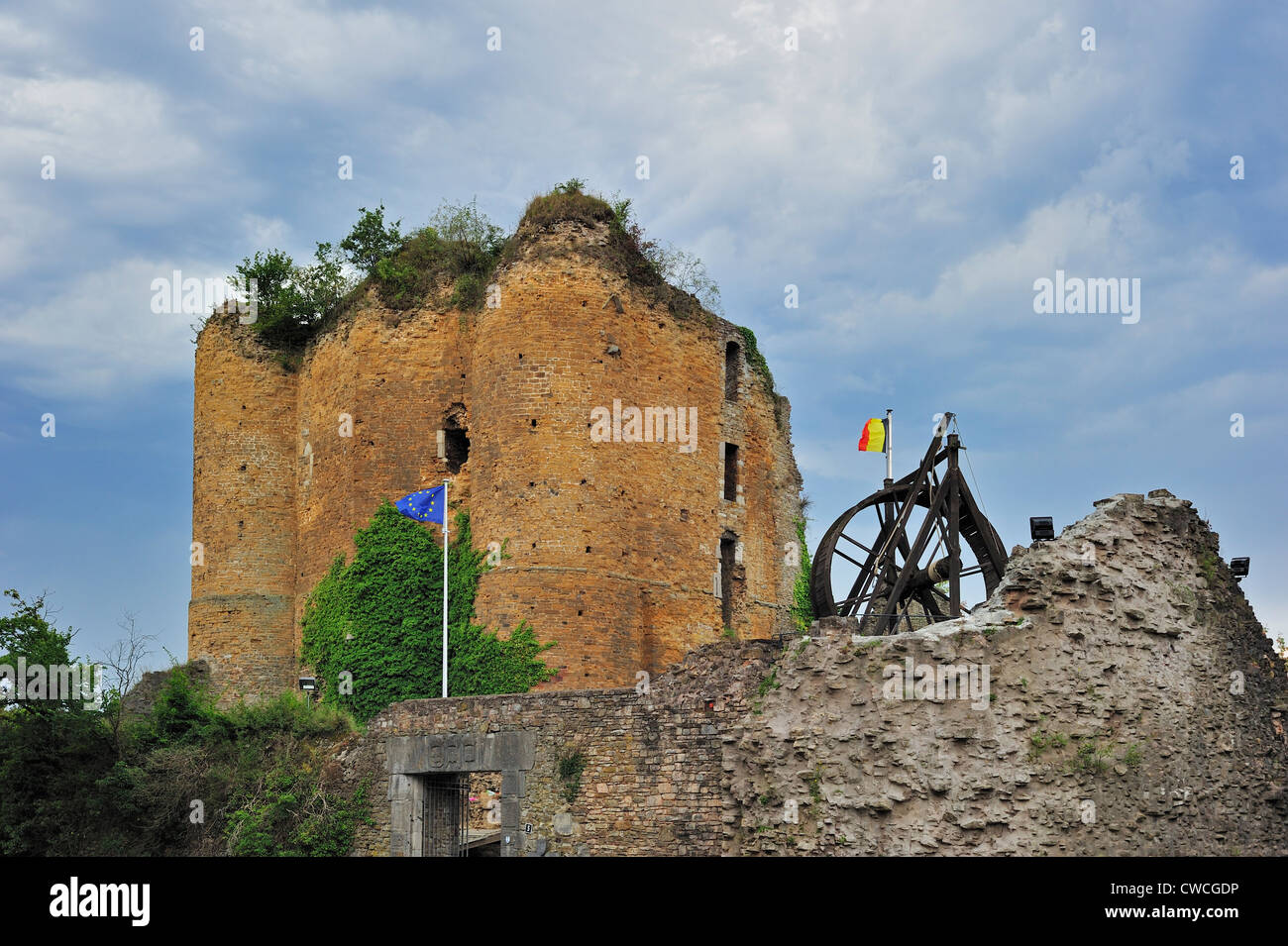 Hölzerne Treadwheel Kran in den Ruinen der mittelalterlichen Burg Château de Franchimont in Theux, Ardennen, Lüttich, Belgien Stockfoto