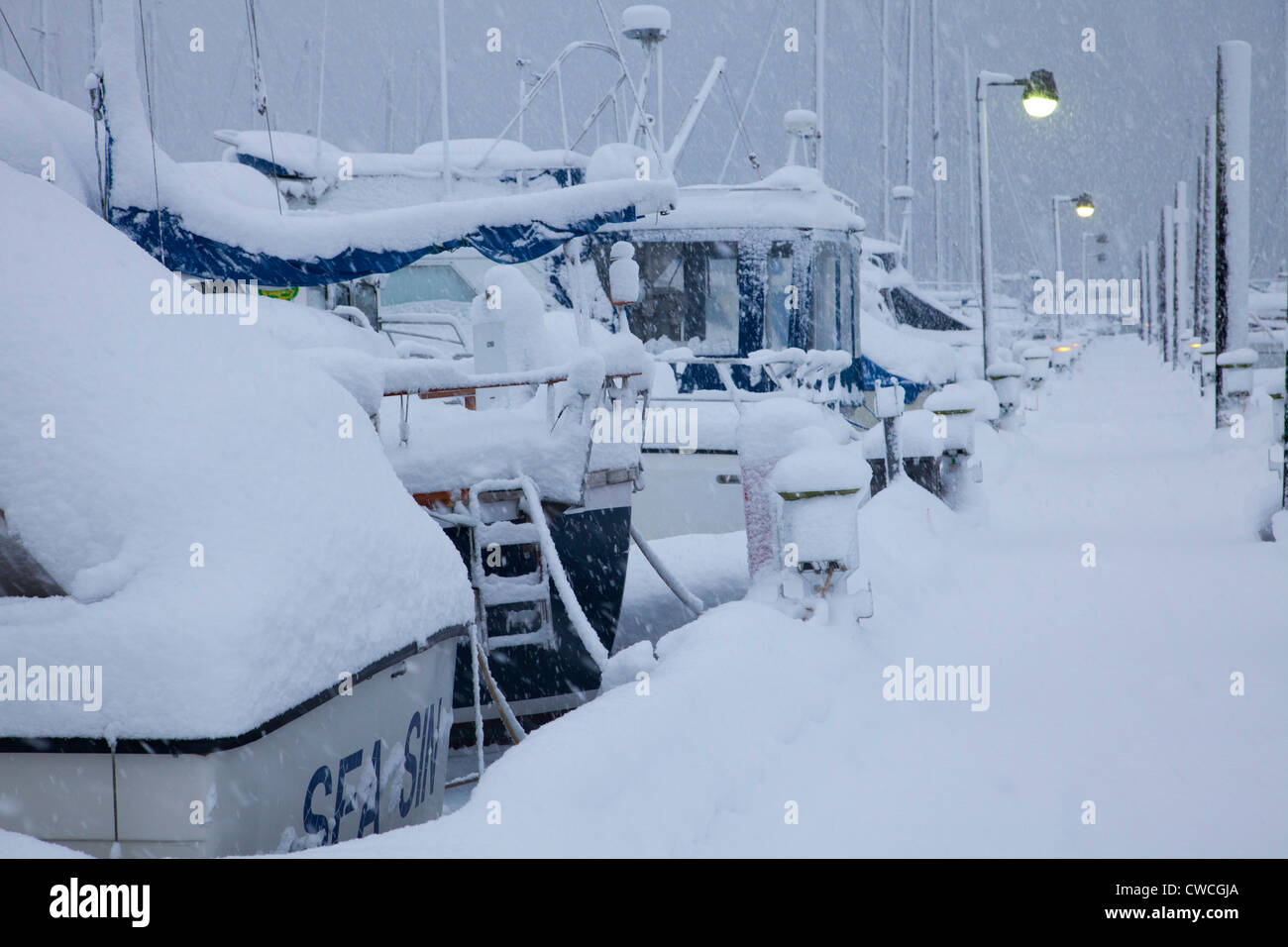 Der kleine Bootshafen bei einem Wintersturm, Seward, Alaska. Stockfoto