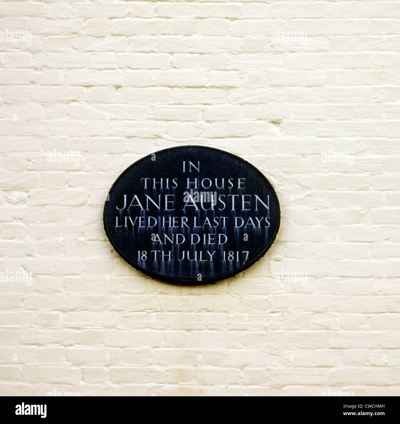 8 College Street, Winchester, Plaque, Jane Austen Plaketten Autor Autoren Autorin Romanciers England UK englischen Hampshire Stockfoto