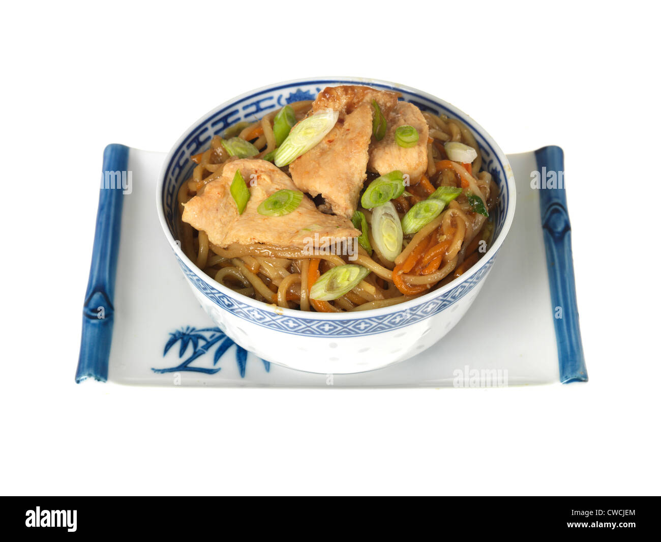 Authentischen Chinesischen oder asiatischen Stil bunte Leckere Stir-Fried Huhn Chow Mein, isoliert gegen den weißen Hintergrund, mit einen Freistellungspfad, kein Volk Stockfoto