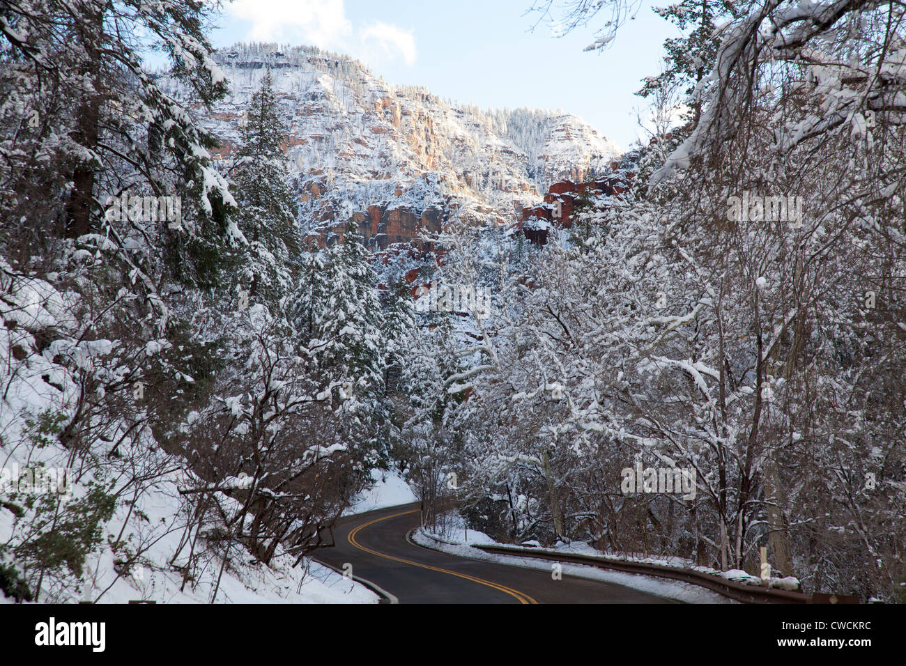 Winter Schnee entlang Oak Creek Canyon und Highway 89A, Sedona, Arizona. Stockfoto