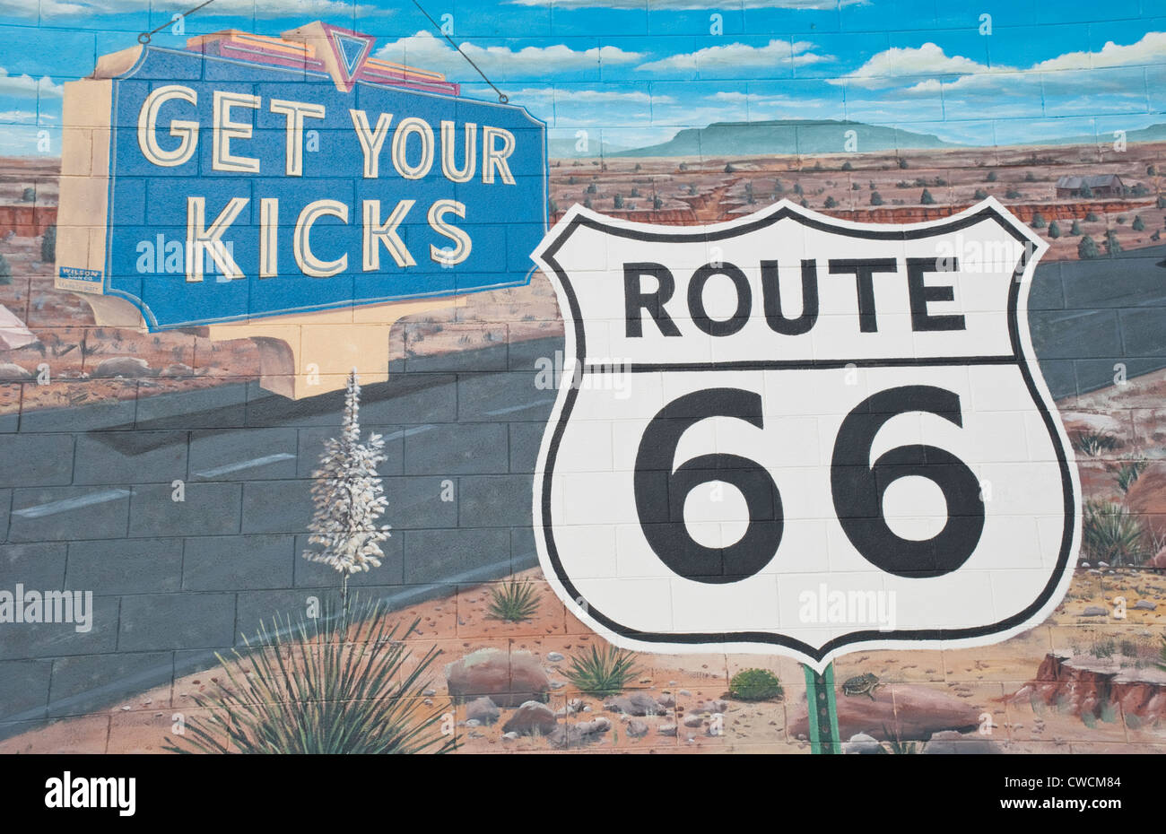 "Get Your Kicks on Route 66" war eine Parole, die entlang dieser berühmten Highway verwendet. Stockfoto