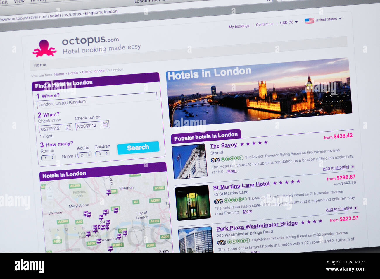 Octopus Travel Webseite - London Hotels suchen Stockfoto