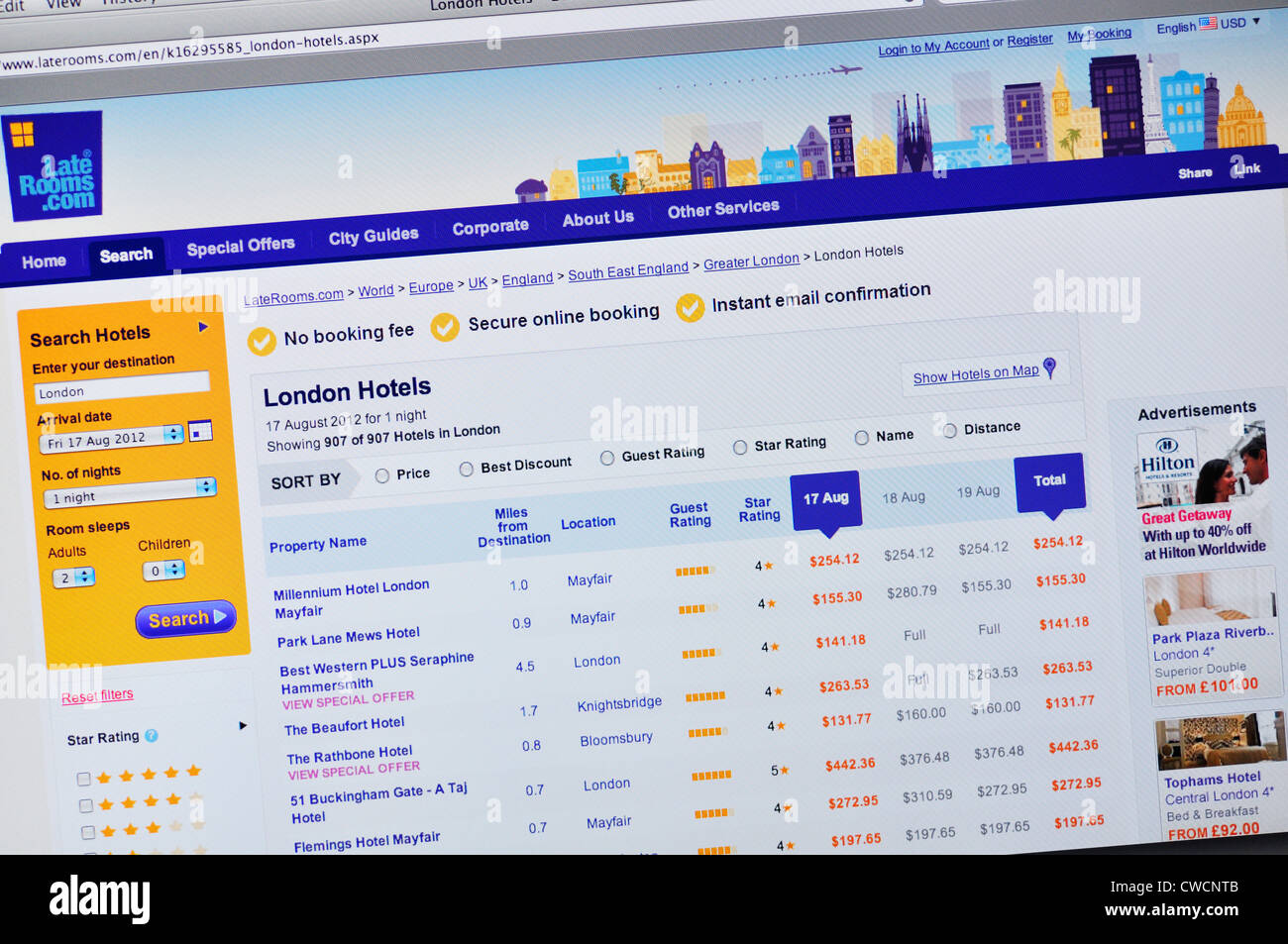 LateRooms Website - billige Hotels, Discount Hotels & Last Minute Hotels Angebote Stockfoto