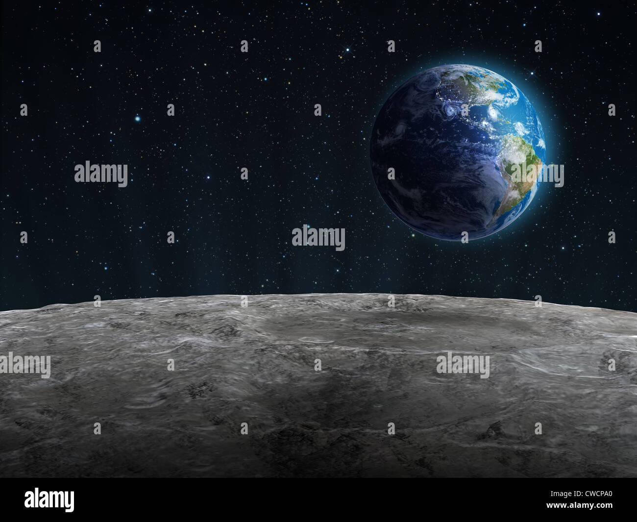 Ansicht der aufgehenden Erde gesehen von der Oberfläche des Mondes Stockfoto