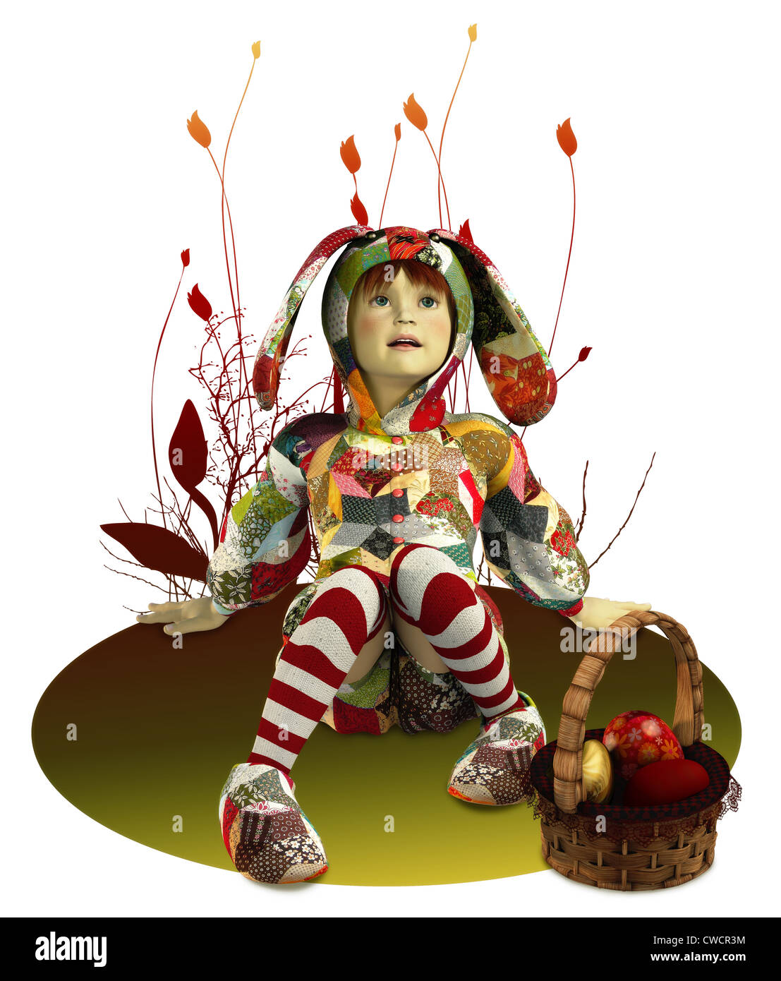 ein Kind in einem Bunny Kleid und einen Korb mit Ostereiern Stockfoto