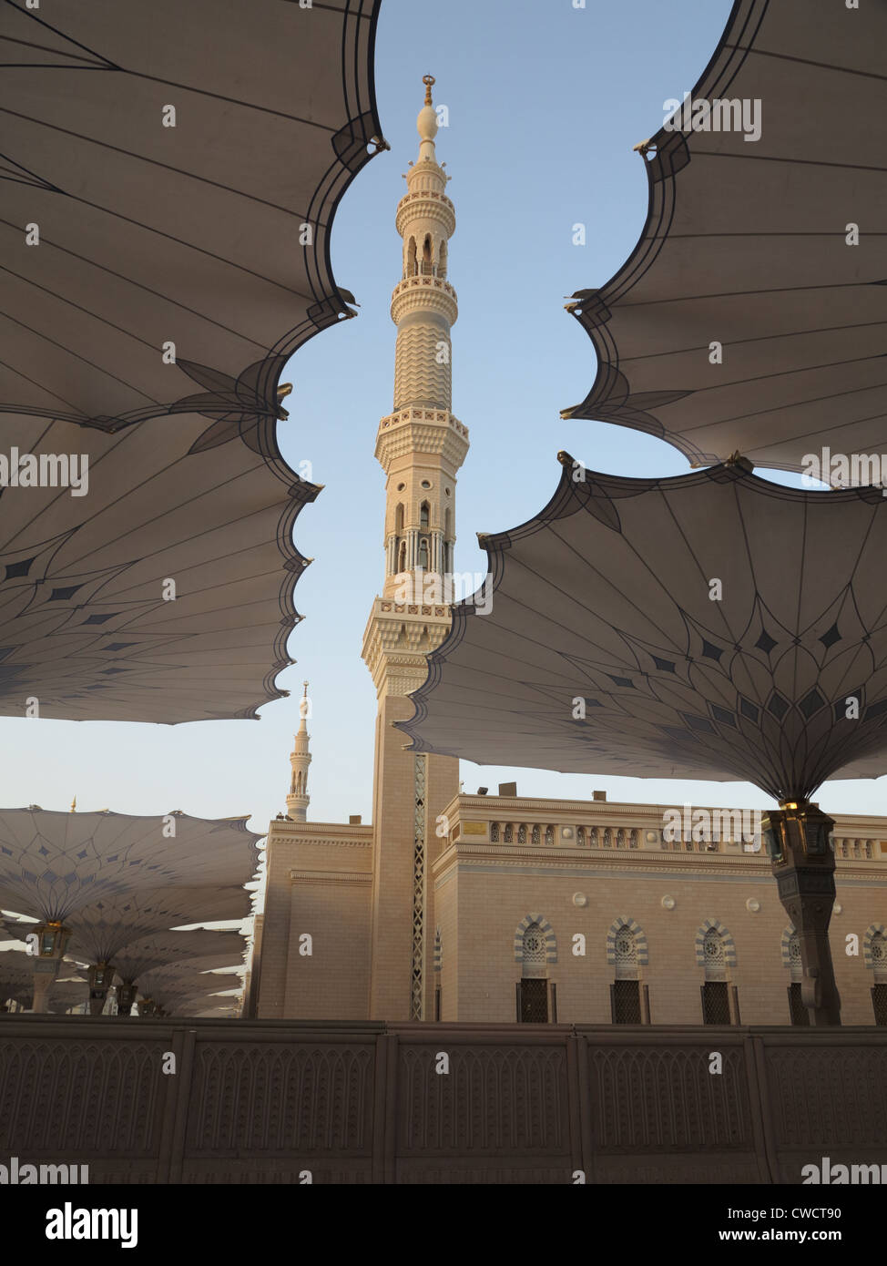 Minarett in eine Nabawi Moschee (Moschee des Propheten) in Al Madinah, Saudi-Arabien Stockfoto