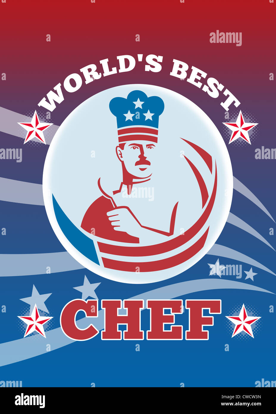 Gruß Karte Poster Illustration eine amerikanische Bäcker Küchenchef hält Spatel nach vorne mit Sternen und Streifen Stockfoto