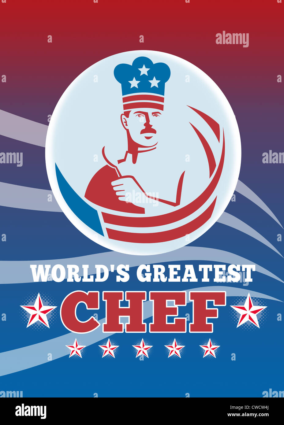 Gruß Karte Poster Illustration eine amerikanische Bäcker Küchenchef hält Spatel nach vorne mit Sternen und Streifen Stockfoto