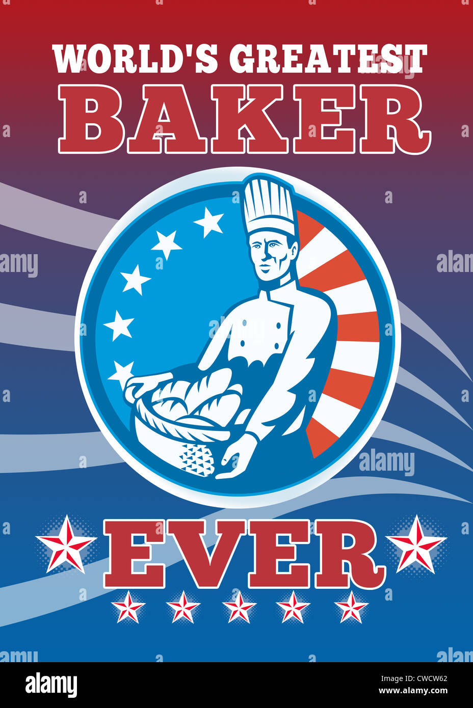 Gruß Karte Poster Illustration eine amerikanische Bäcker Küchenchef hält Korb mit Brotlaib nach vorne mit Sternen und Streifen im retro-Stil mit Worten weltweit besten Bäcker jemals getan. Stockfoto
