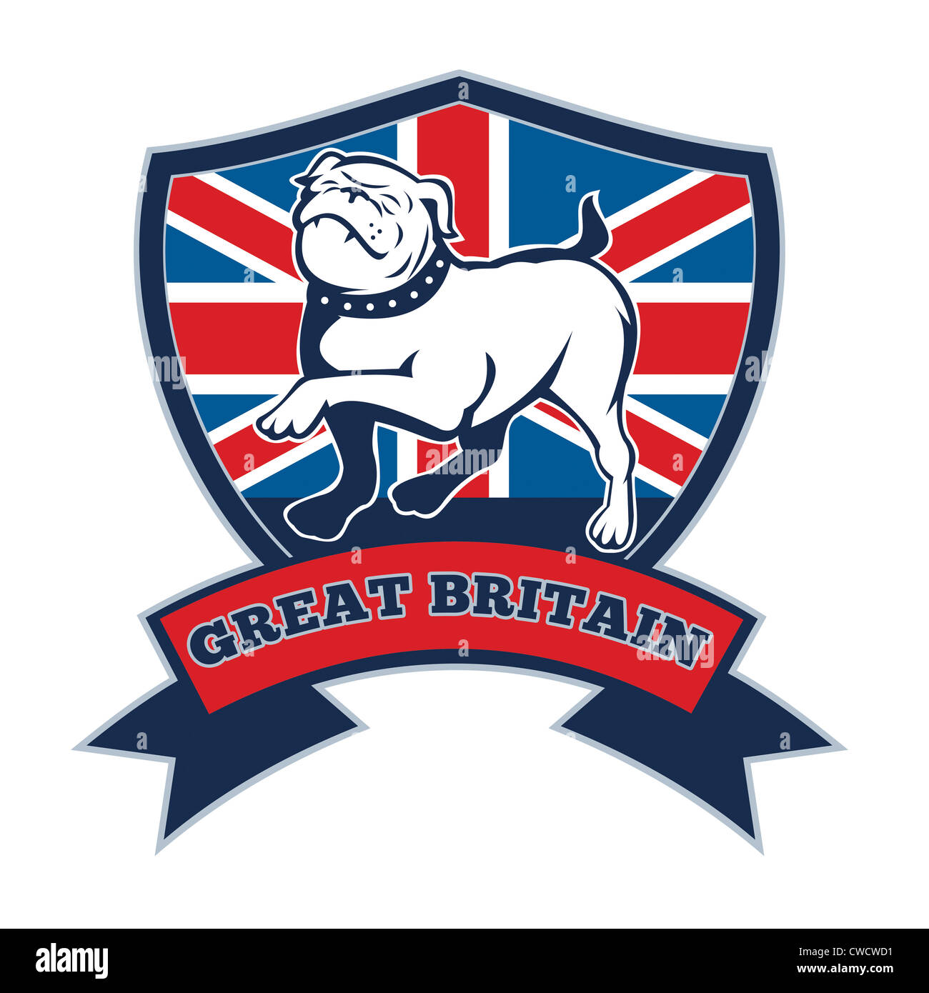 Beispiel für eine stolze englische Bulldogge marschieren mit Großbritannien oder britische Flagge im Hintergrund im Inneren eines Schildes Stockfoto