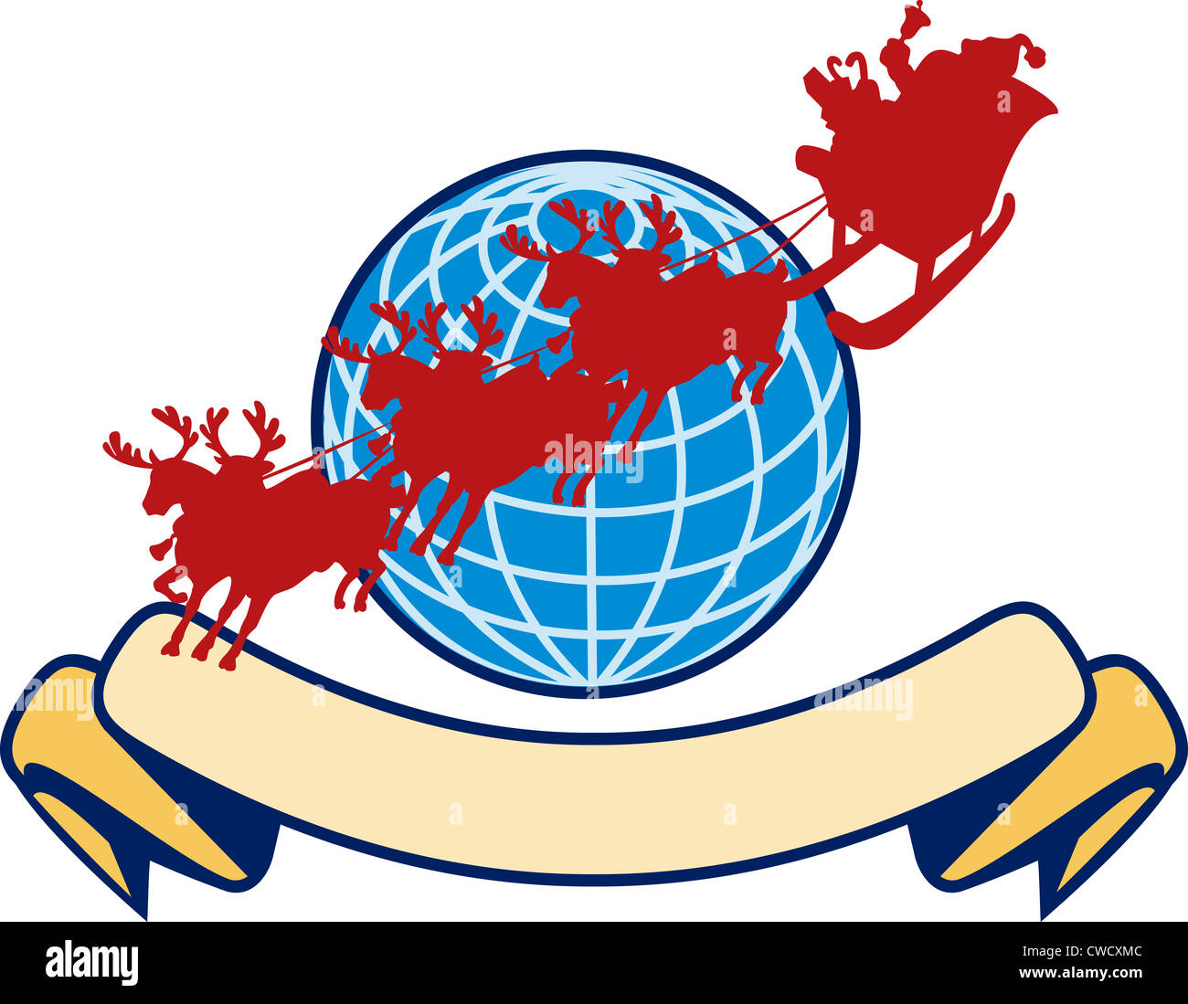Retro-Stil Illustration des Santa Claus Sankt Nikolaus Vater Weihnachten auf Schlitten mit Rentier und Welt Globus und scroll Stockfoto