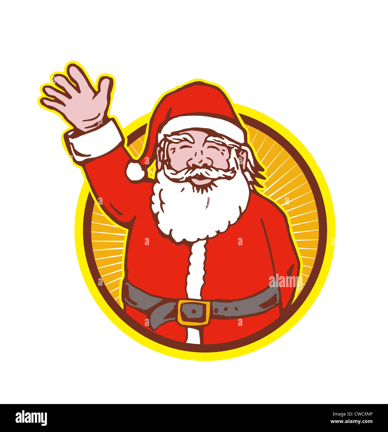 Retro-Stil Illustration des Santa Claus Sankt Nicholas Vater Weihnachten auf isolierten weißen Hintergrund winkenden Hand. Stockfoto