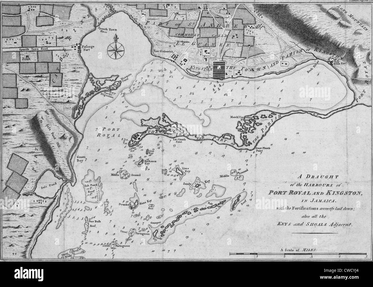 Einem Tiefgang von den Häfen von Port Royal und Kingston in Jamaika mit den Befestigungen und Schlüssel und Untiefen angrenzend, 1782 Stockfoto